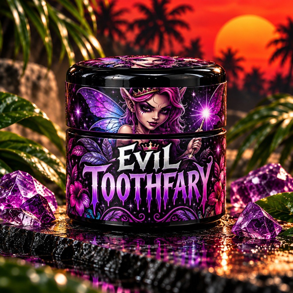 Evil Toothfairy jar with purple gothic fairy illustration