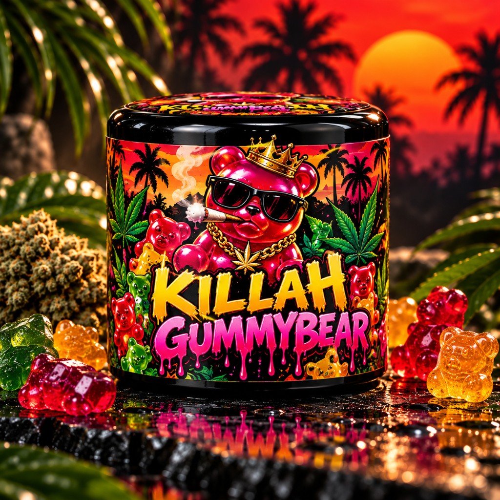 Killah Gummybear jar with a crowned gummy bear at sunset