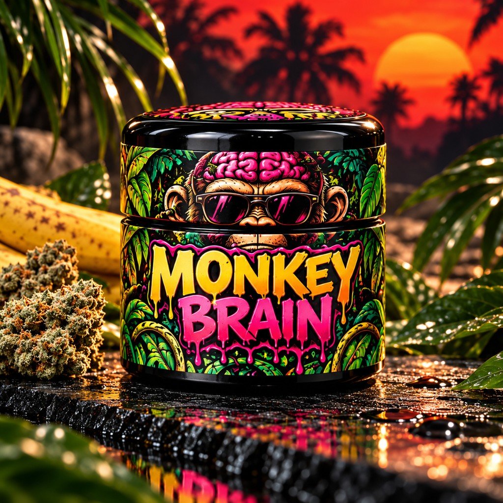 Monkey Brain jar with neon jungle monkey illustration
